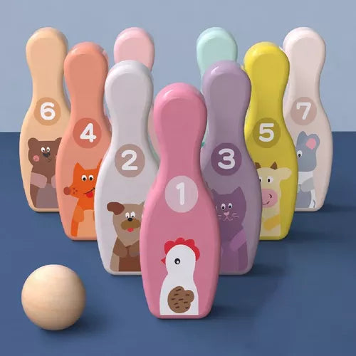 Juego de Palitroque de Madera Bowling con Dibujos de Animales