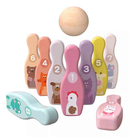 Juego de Palitroque de Madera Bowling con Dibujos de Animales